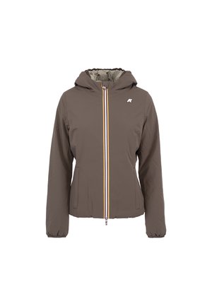 Bruine hoodie met rits aan de voorkant, voorzien van meerkleurige bies, elastische manchetten en zakken aan de zijkanten, weergegeven op een witte achtergrond.