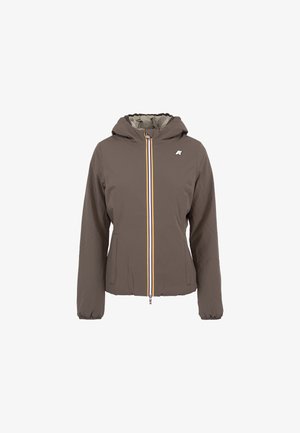 Bruine hoodie met rits aan de voorkant, voorzien van meerkleurige bies, elastische manchetten en zakken aan de zijkanten, weergegeven op een witte achtergrond.