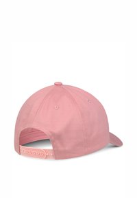 Rózsaszín baseball sapka, pamutból készült, ívelt napellenzővel, állítható műanyag snapback zárással és sima textúrájú felülettel.