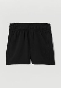 Shorts de algodón negros con una cinturilla elástica, bolsillos laterales y bordado tonal del logotipo en la parte frontal. Diseño simple y textura suave.