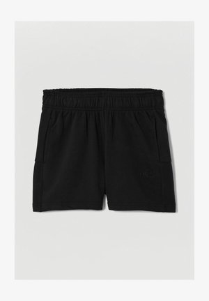 Zwarte katoenen shorts met een elastische tailleband, zijzakken en tonal logo borduursel aan de voorkant. Eenvoudig ontwerp en gladde textuur.