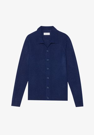 Marineblauer Knopf-Cardigan aus strukturiertem Stoff, mit Kragen und langen Ärmeln, ausgestattet mit sechs passenden Knöpfen.