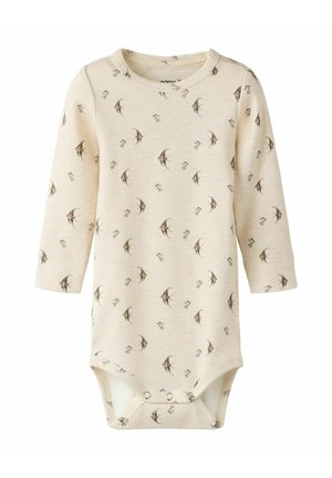 Kremowy, długi rękaw body dla niemowląt z nadrukiem brązowego ptaka i małych motywów, z zapięciem na zatrzaski w kroku.