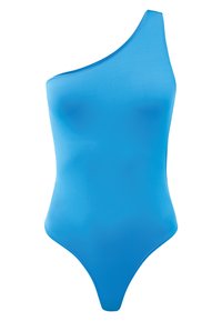 Enaxladad blå baddräkt gjord av mjukt material med en figurnära kropp och höga benöppningar, med en minimalistisk design.