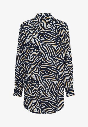 Kerge kangast nööpidega särk, millel on tumesinine, valge ja kuldne zebra triibumuster. Pikad varrukad ja kõrgendatud krae disain.