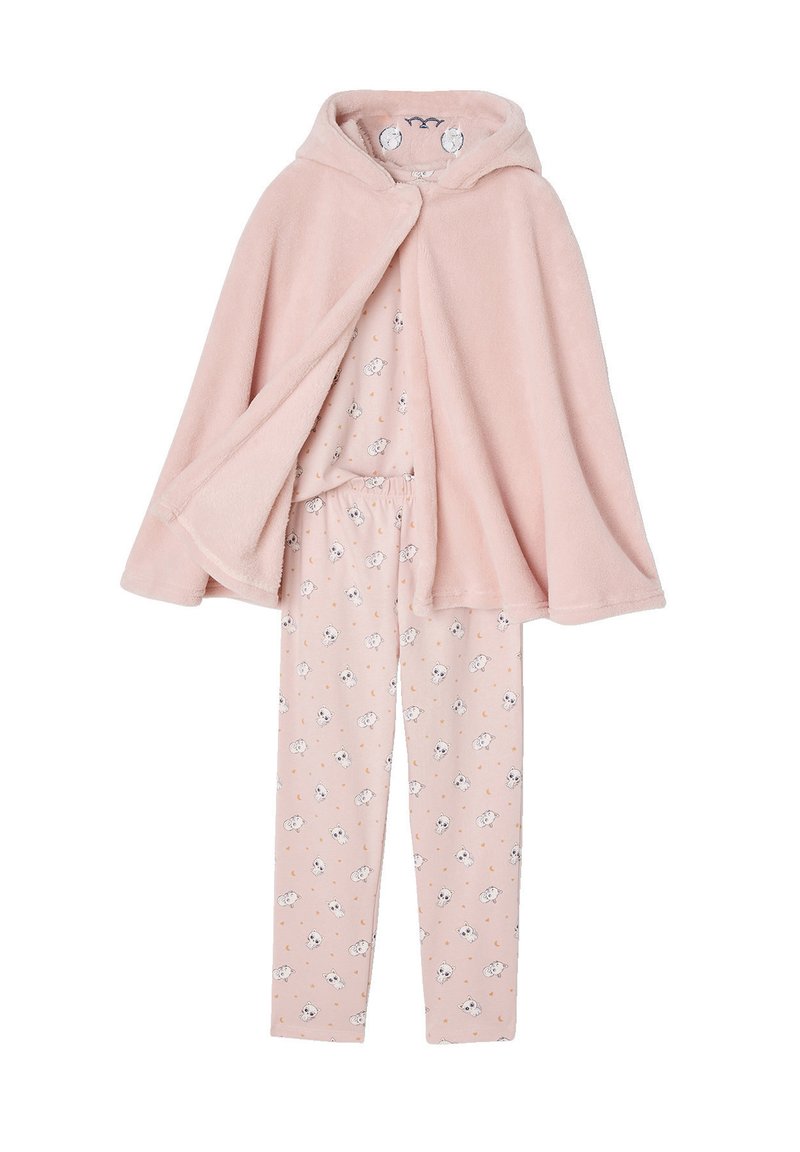 Pink fleece hooded cape over matching light pink pajamas with koala bear and moon print for children.