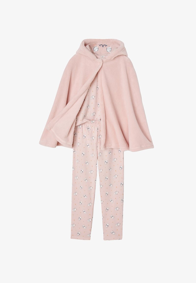 Pink fleece hooded cape over matching light pink pajamas with koala bear and moon print for children.