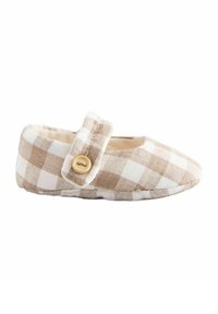 Ballet flad sko i beige og hvidt gingham mønster med en rund tå, en velcrolukning og en træknap detalje. Blødt stofmateriale.