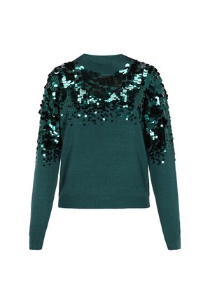 Tyrkysový svetr s kulatým výstřihem a dlouhými rukávy, zdobený černými a tyrkysovými flitry na ramenou a v horní části předního dílu.
