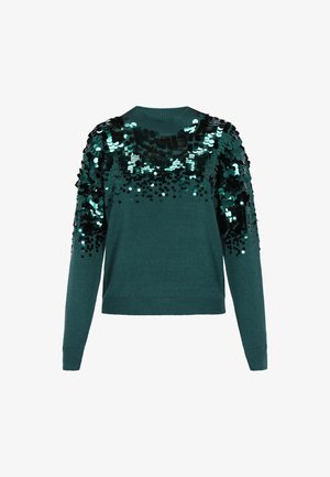 Tyrkysový svetr s kulatým výstřihem a dlouhými rukávy, zdobený černými a tyrkysovými flitry na ramenou a v horní části předního dílu.