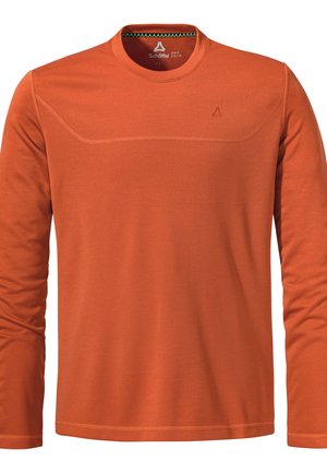 Langärmliges Shirt in leuchtendem Orange mit Rundhalsausschnitt, strukturiertem Stoff und dezentem tonalem Stich über der Brust.