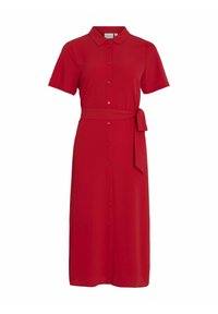 Robe chemise rouge à manches courtes avec col, boutonnée sur le devant et ceinture à la taille. Tissu lisse avec une silhouette fluide jusqu'aux genoux.