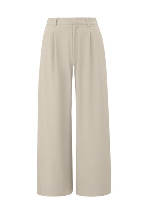 Beige brede broek met plooien aan de voorkant, ceintuurlussen en een verborgen sluiting aan de voorkant.