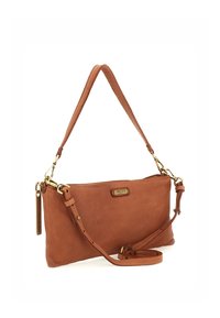 Borsa a tracolla in pelle marrone con hardware dorato, dotata di tracolla rimovibile e superficie texture. Design compatto con chiusura a zip.