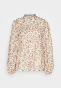 Langærmet bluse med lyserødt og beige blomsterprint, samlede skuldre, knaplukning foran og elastiske manchetter på hvid baggrund.