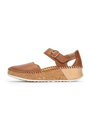 Sandalia de cuero marrón con plataforma de corcho, correa ajustable con hebilla de metal y detalles de costura trenzada. Diseño abierto con punta redonda.