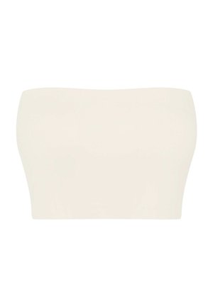 Ivory bandeau top made from smooth fabric, featuring a simple, seamless design with a straight neckline and no additional accents or patterns.