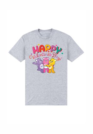 Camiseta de manga corta gris con tres osos de dibujos animados y el texto "¡FELIZ Día de San Valentín!" en letras coloridas y en negrita.