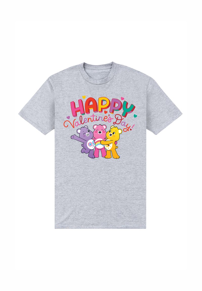 Camiseta de manga corta gris con tres osos de dibujos animados y el texto "¡FELIZ Día de San Valentín!" en letras coloridas y en negrita.