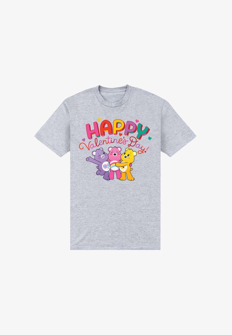 Camiseta de manga corta gris con tres osos de dibujos animados y el texto "¡FELIZ Día de San Valentín!" en letras coloridas y en negrita.