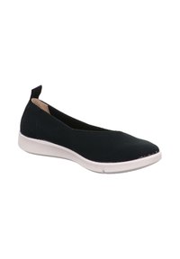 Schwarzer Strick-Slipper mit einer weißen Gummisohle, schlankem Design und einer kleinen Fersenschlaufe für einfaches Anziehen. Das strukturierte Material bietet Flexibilität.