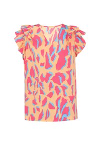 Top colorato a maniche corte con scollatura a V e spalline a volant. Il tessuto presenta un motivo astratto nei colori rosa, blu e arancione.