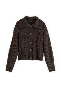 Brauner Strickcardigan mit einem strukturierten Muster und einem Diamantdesign, einem kragenförmigen Halsauschnitt und silbernen Knopfverschluss.