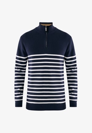 Marineblauwe lange mouw sweater met witte horizontale strepen, halve ritssluiting bij de kraag en geribbelde boorden en zoom.