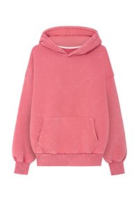 Różowa bluza z miękkiego materiału z przednią kieszenią i ściągaczami przy mankietach. Posiada małe logo serca na piersi. Klasyczny design przez głowę.
