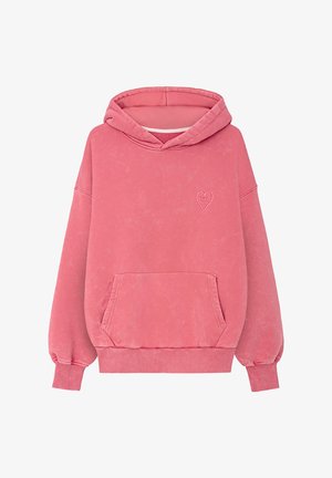 Różowa bluza z miękkiego materiału z przednią kieszenią i ściągaczami przy mankietach. Posiada małe logo serca na piersi. Klasyczny design przez głowę.