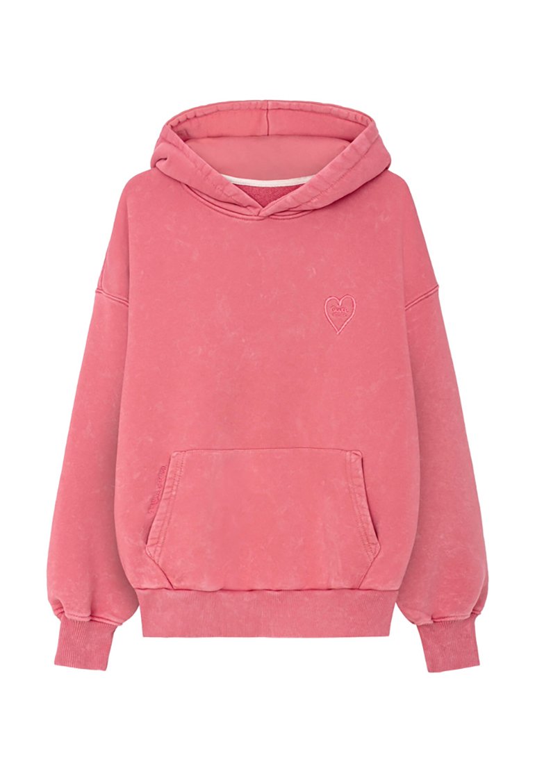 Różowa bluza z miękkiego materiału z przednią kieszenią i ściągaczami przy mankietach. Posiada małe logo serca na piersi. Klasyczny design przez głowę.
