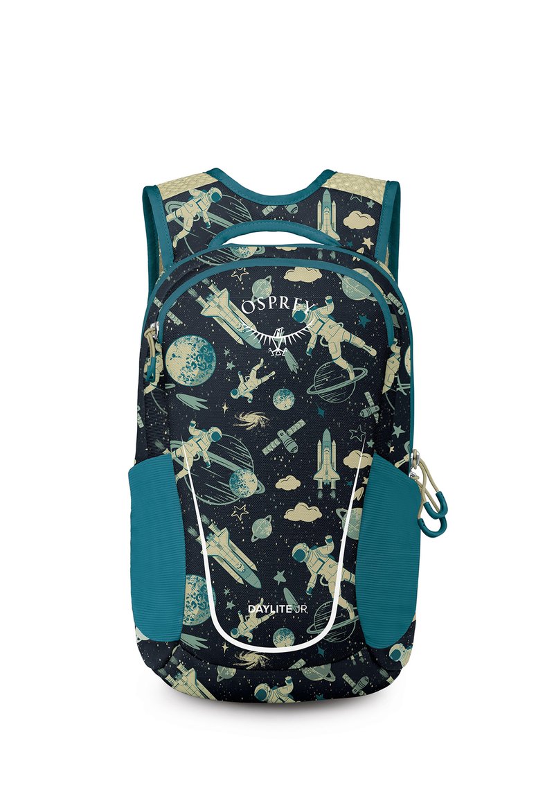 Children's backpack with teal sides and space-themed print featuring astronauts, planets, rockets, and satellites on a dark background.