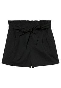 Shorts noirs avec un devant plissé, une taille élastique et une ceinture en tissu nouée. Fabriqués à partir d'un tissu lisse avec une coupe décontractée.