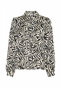 Blusa a maniche lunghe bianca e nera con un motivo astratto a zigzag, chiusura anteriore con bottoni e polsini arricciati. Realizzata in tessuto morbido.