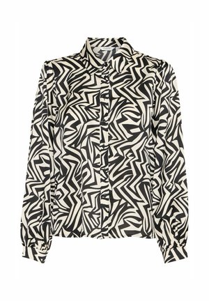 Blusa a maniche lunghe bianca e nera con un motivo astratto a zigzag, chiusura anteriore con bottoni e polsini arricciati. Realizzata in tessuto morbido.