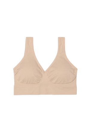 Beige draadloze beha met brede schouderbanden, V-halslijn en geplooide stofdetails op de cups voor lichte ondersteuning en comfort.