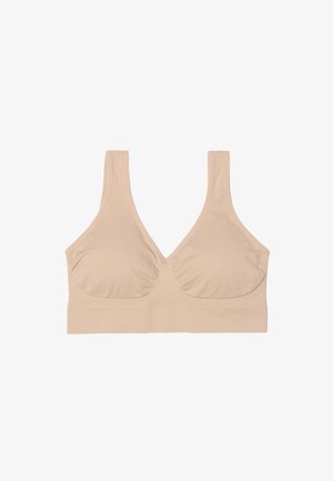 Beige draadloze beha met brede schouderbanden, V-halslijn en geplooide stofdetails op de cups voor lichte ondersteuning en comfort.