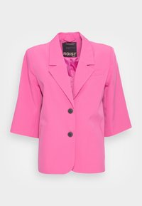 Růžový blazer se strukturovaným designem, s klopovým límcem, krátkými rukávy a dvěma černými knoflíky vpředu. Hladká textilie.