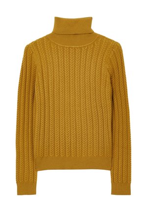Pull à col roulé jaune moutarde avec un motif en tricot à relief, des poignets et un ourlet côtelés. Fabriqué en tissu doux.