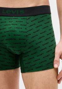 Κοντινό πλάνο ενός ατόμου που φοράει πράσινα ανδρικά εσώρουχα μποξεράκια με μαύρα λογότυπα Levi's και μαύρη μέση με πράσινη σήμανση Levi's.