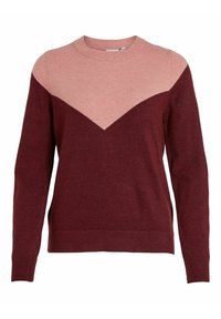Burgundy och rosa stickad tröja med ett zigzag-mönster, rund hals och långa ärmar, tillverkad av mjuk, texturerad tyg.