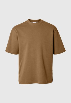 Braunes Baumwoll-T-Shirt mit Rundhalsausschnitt, kurzen Ärmeln und einer lockeren Passform. Glatte Textur und keine sichtbaren Muster oder Akzente.