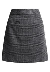 Jupe à carreaux gris avec une silhouette droite, fabriquée en tissu texturé, dotée de deux poches latérales et d'une taille.