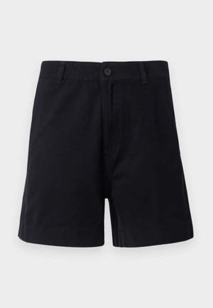 Donkerblauwe katoenen shorts met knoopsluiting, zijzakken en een rechte snit, met een gladde textuur en een eenvoudig ontwerp.