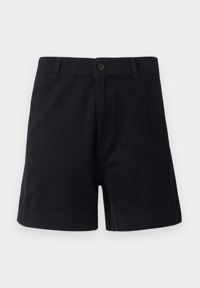 Mørk marine blå bomullsshorts med knappelukking, sidelommer og rett snitt, med en glatt tekstur og enkelt design.