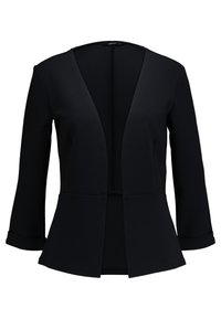 Blazer noir avec un col en V profond, manches trois-quarts, et un bas à volant. Tissu lisse, coupe structurée, sans quincaillerie apparente.