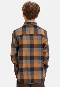 Bruin, grijs en zwart geblokt flanellen overhemd met een button-down kraag en details op de rugpas, gemaakt van een zachte structuurstof. Lange mouwen.