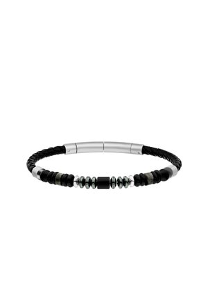 Black braided leather bracelet featuring metallic accents, round beads in silver, black, and green, with a sleek design and curved shape.