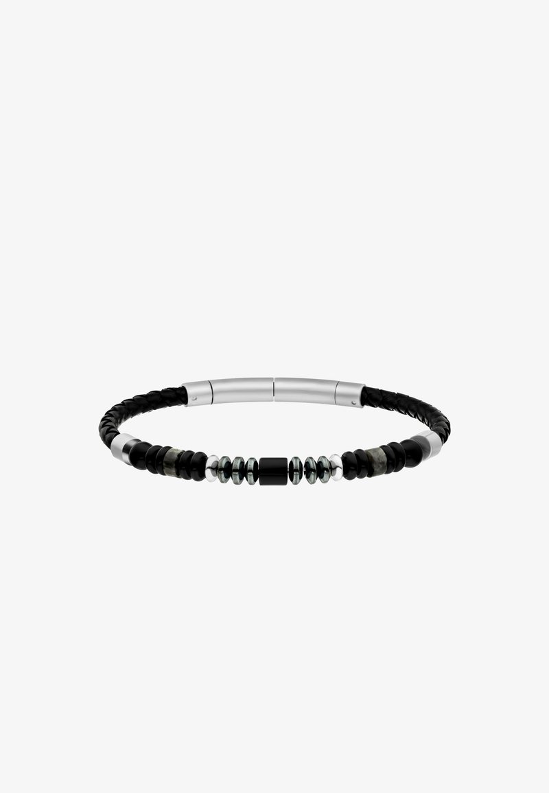 Black braided leather bracelet featuring metallic accents, round beads in silver, black, and green, with a sleek design and curved shape.