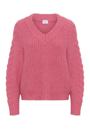 Lyserød strikket sweater med V-hals og kabelstrik mønster på ærmerne, ribbet manchetter, søm og halsudskæring, mærket "Saint."